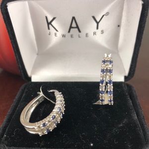 White and blue sapphire sterling silver oblong hoop earring by Kay Jewelers.
